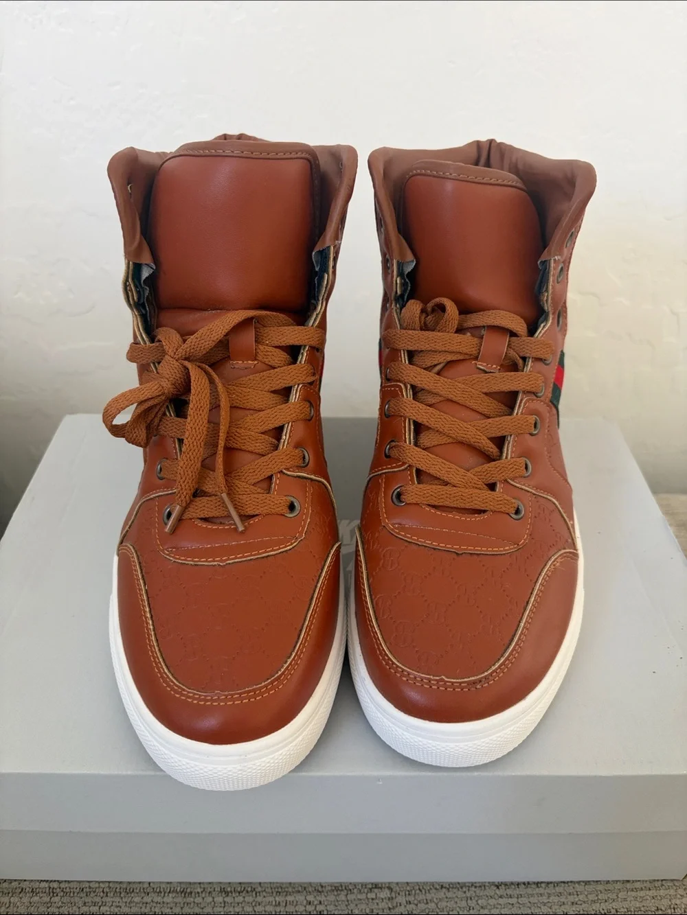 Gucci Brown High-Top Sneakers with Red & Green Web Stripe